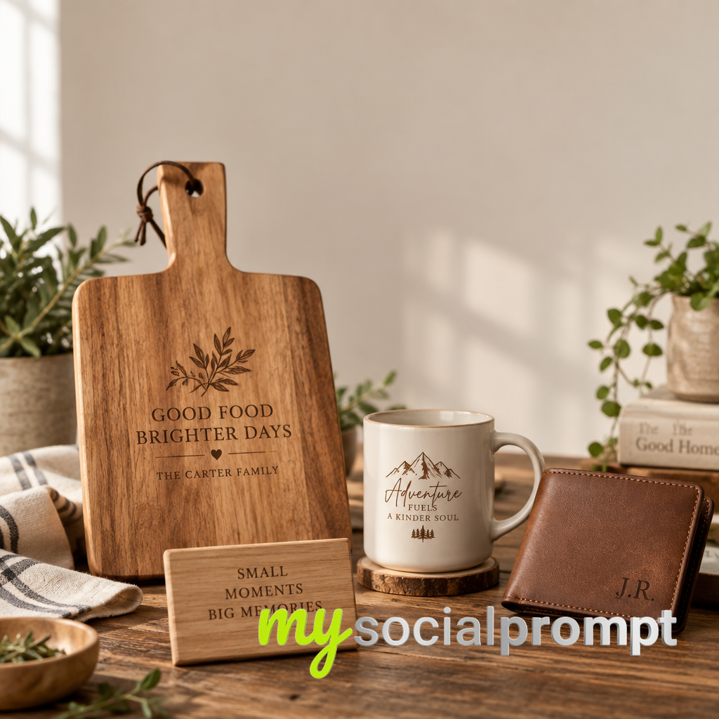 Artisan Laser-Engraved Gift Flat-Lay on Rustic Wood with Natural Window Light