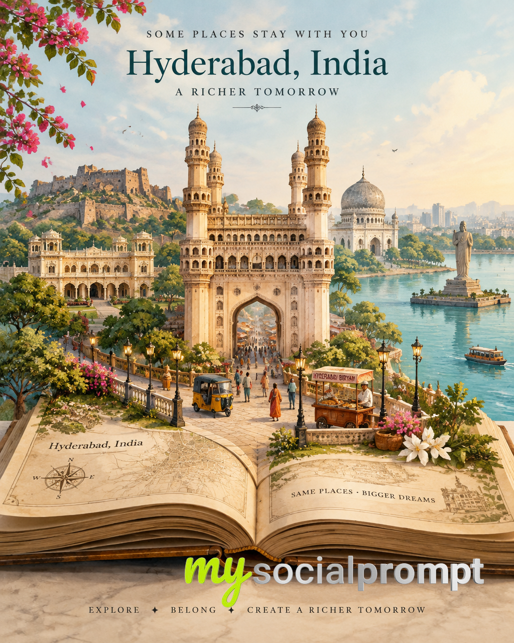 Watercolor Paper-Cut Hyderabad Travel Illustration in Antique Book