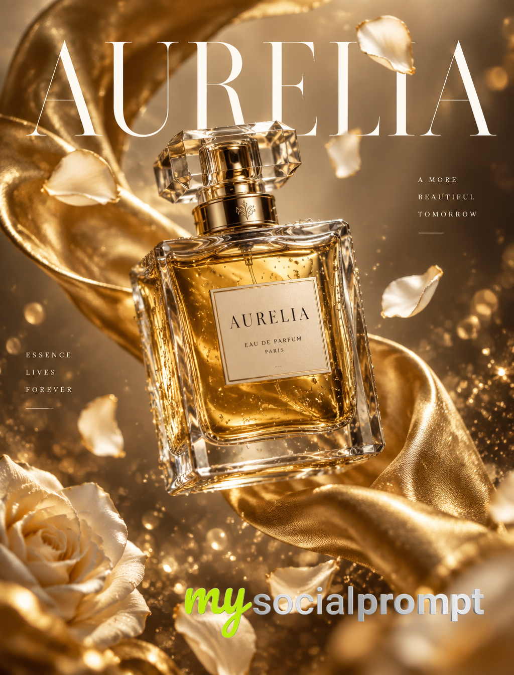 Hyper-Realistic 3D Render of Crystal Perfume Bottle with Golden Silk and Rose Petals