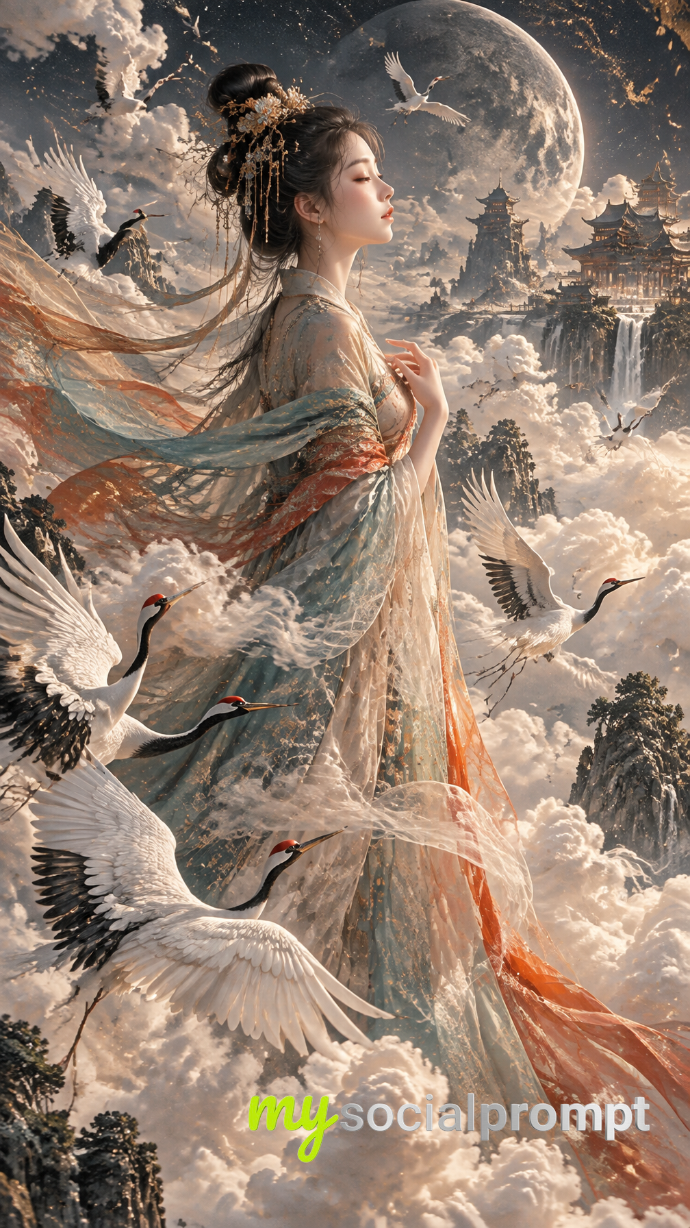 Ethereal New Chinese Style Illustration: Serene Classical Woman Amidst Cloudy Sea and Cranes