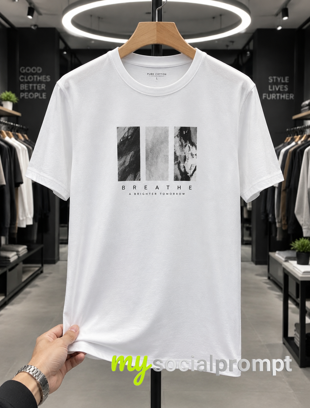 Minimalist E-Commerce Product Photography: White T-Shirt on Wooden Hanger in Boutique