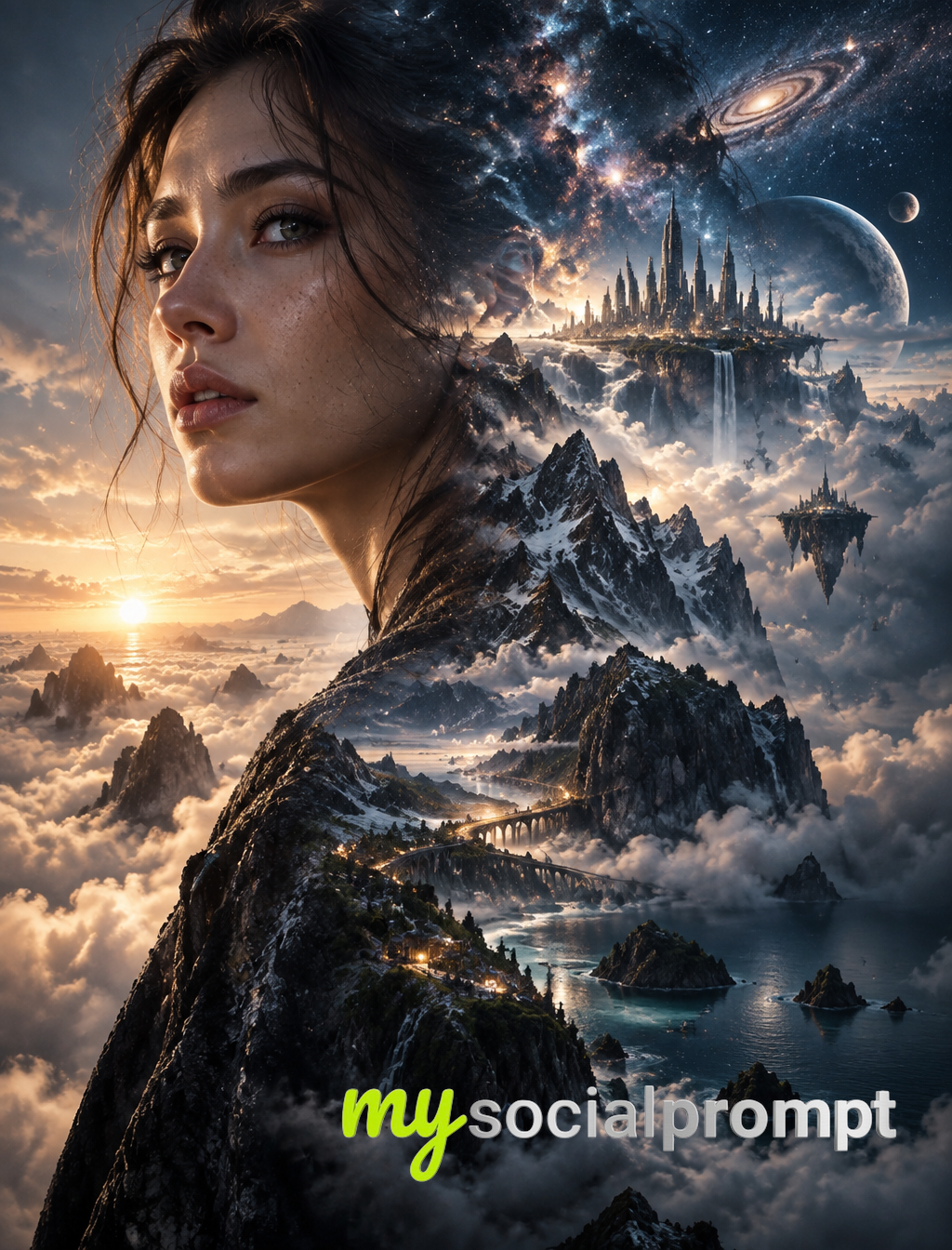 Surreal Double-Exposure Portrait: Futuristic City Meets Ancient Mountains in Cinematic Fine-Art