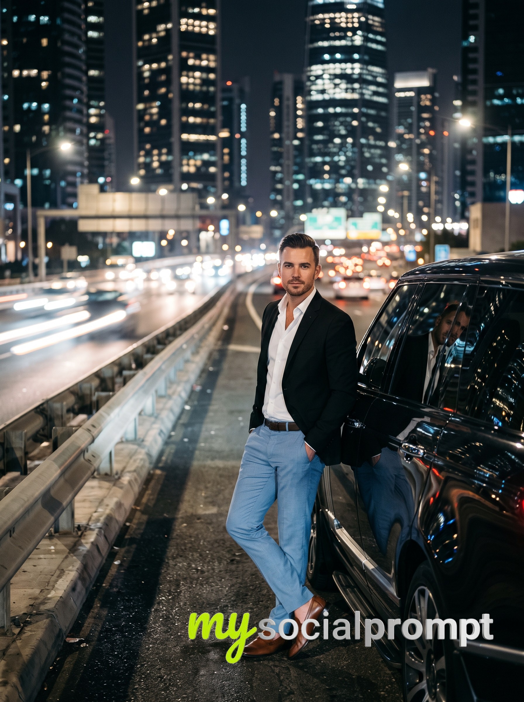 Cinematic Night Portrait: Luxury Automotive Fashion on the City Highway