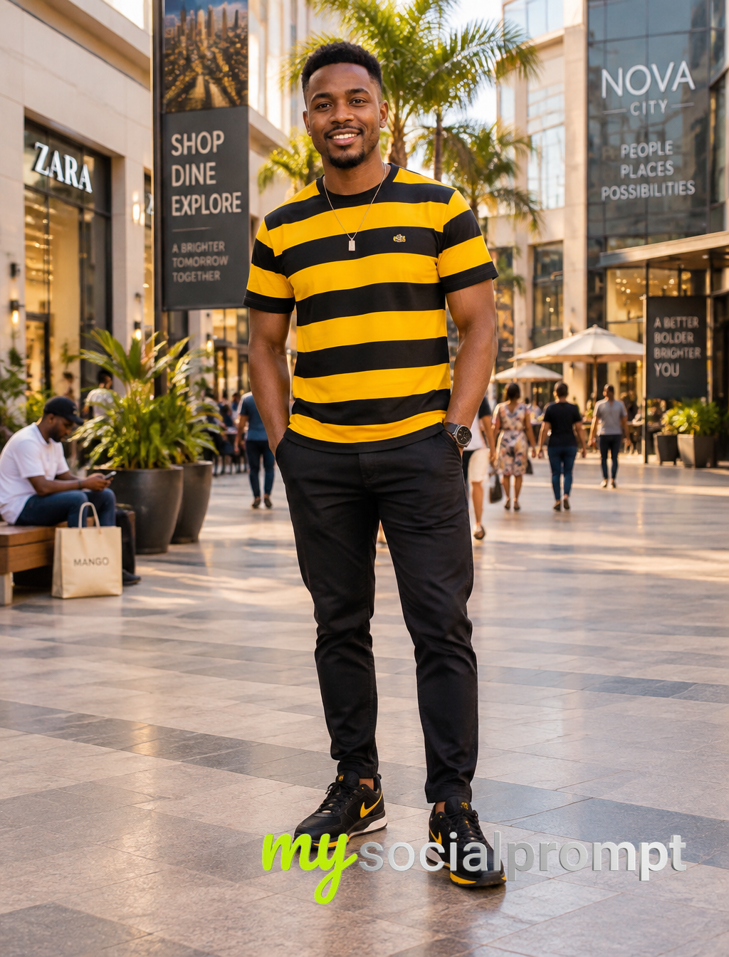 Portrait Urbain Hyperréaliste : Élégance Africaine en Rayures Jaune et Noir