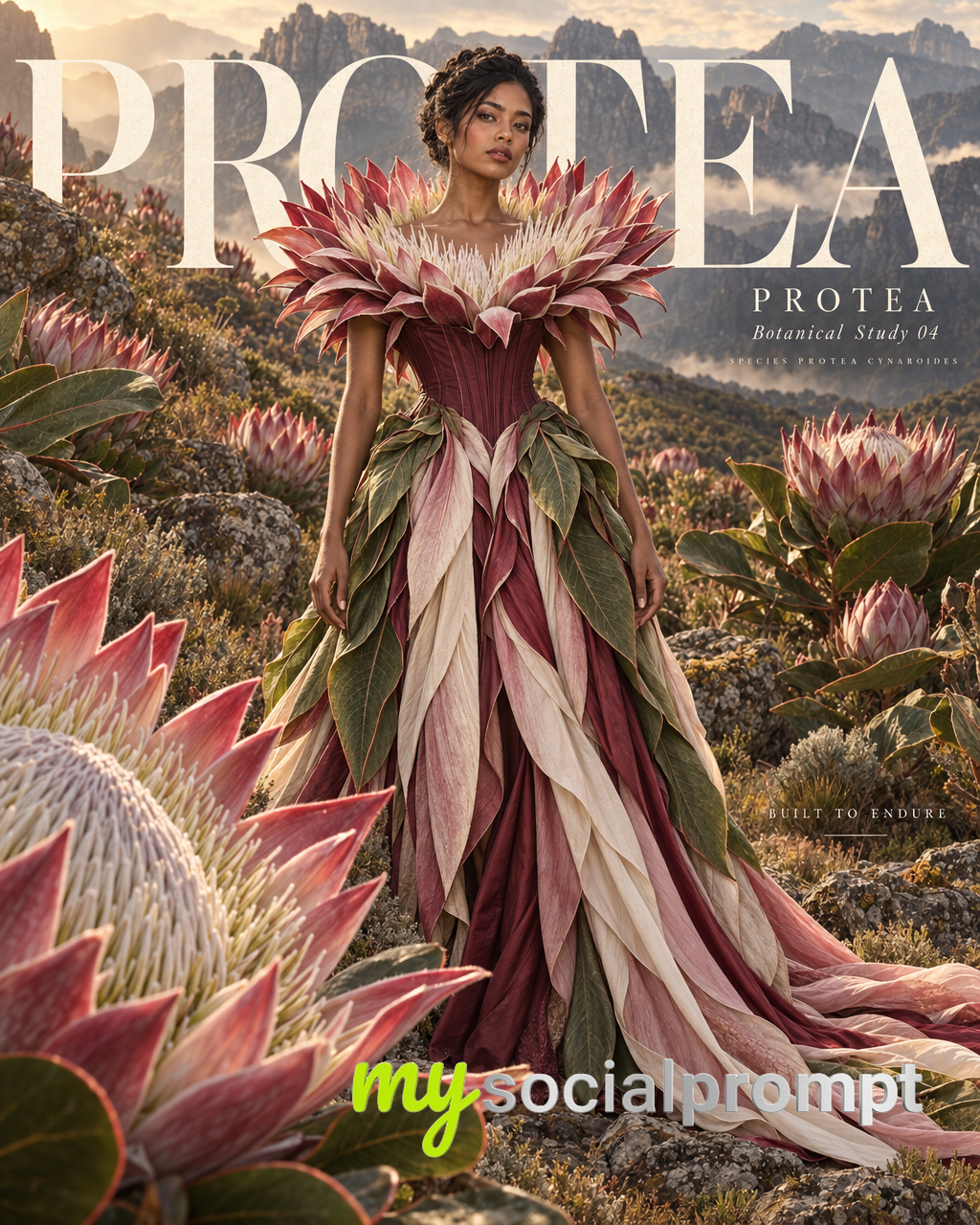 Hyper-Realistic Botanical Couture: Protea Fashion Editorial in Mountain Landscape