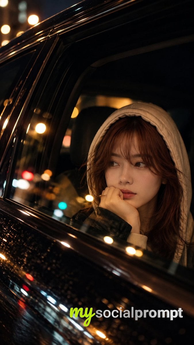 Cinematic Night Portrait: Copper-Haired Woman in Luxury Car Through Reflective Glass