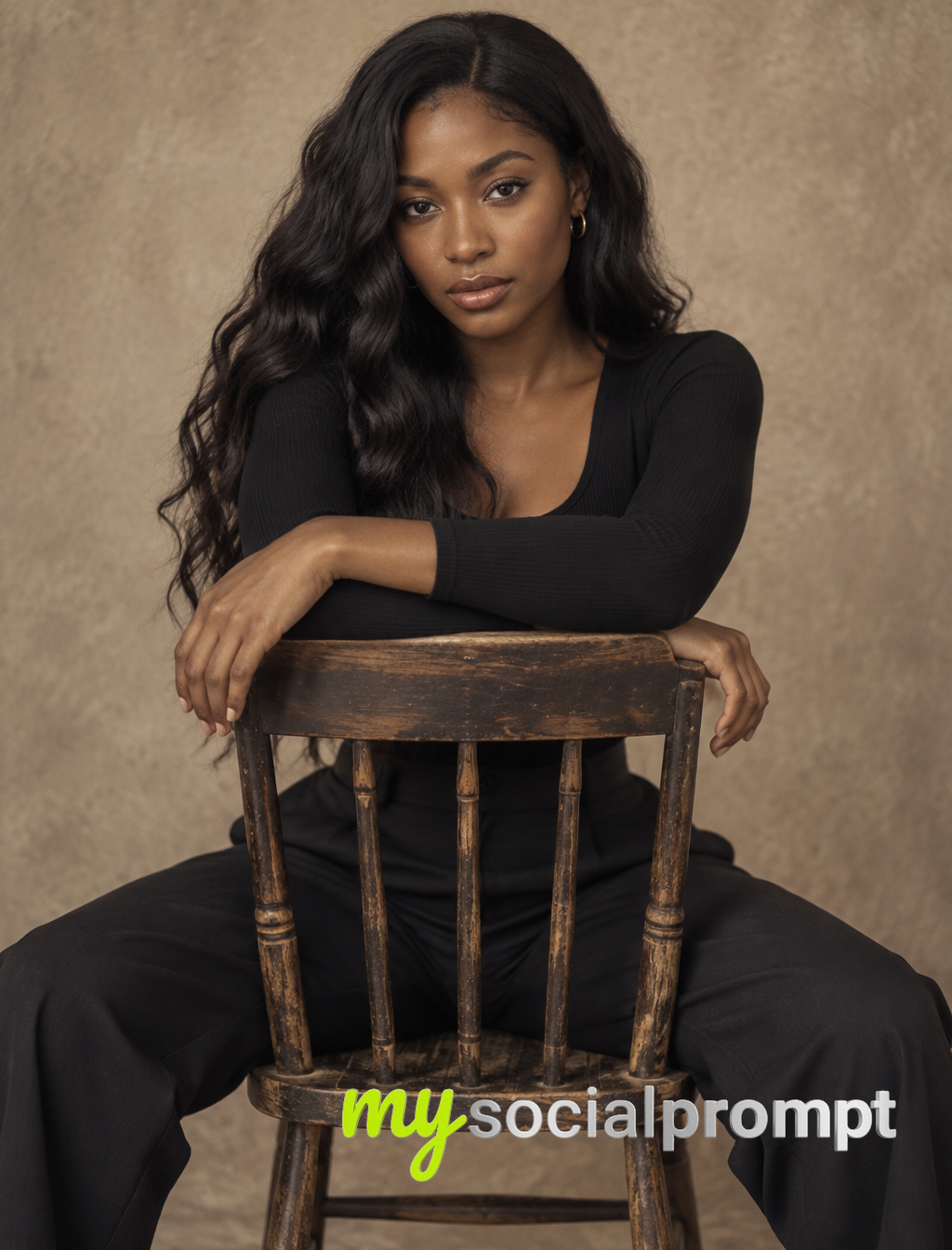 Editorial Portrait of a Woman Seated on a Distressed Wooden Chair