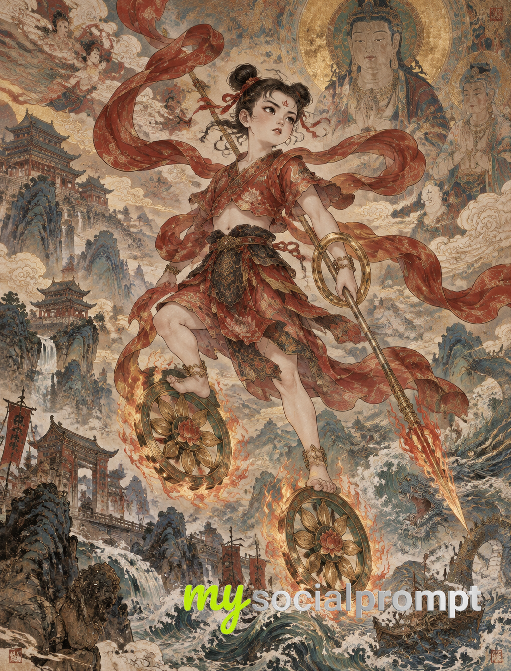 工笔重彩神画：莲化少年踏风火轮，敦煌壁画风8K细节