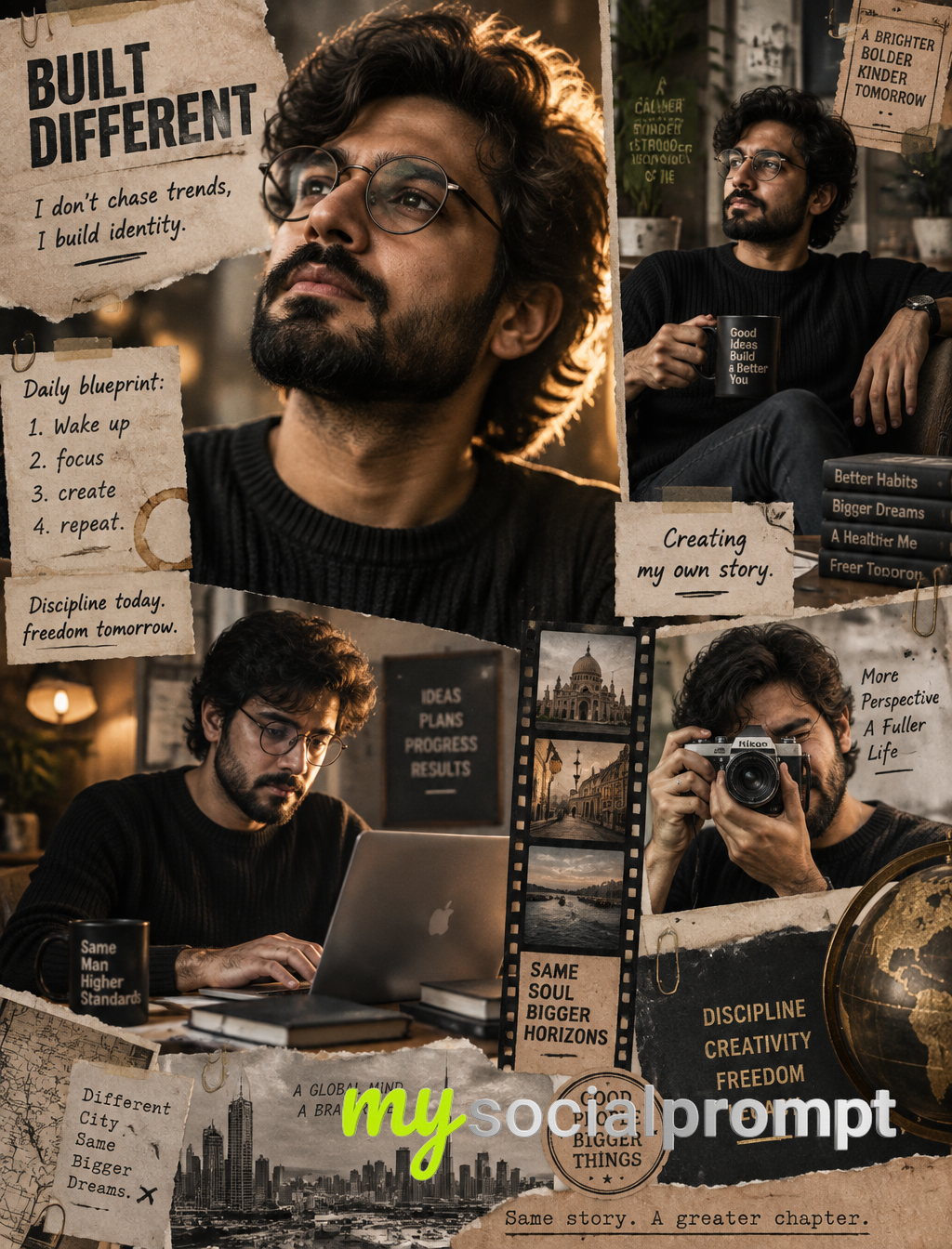 Cinematic Mixed-Media Portrait Collage of a Thoughtful Bearded Man