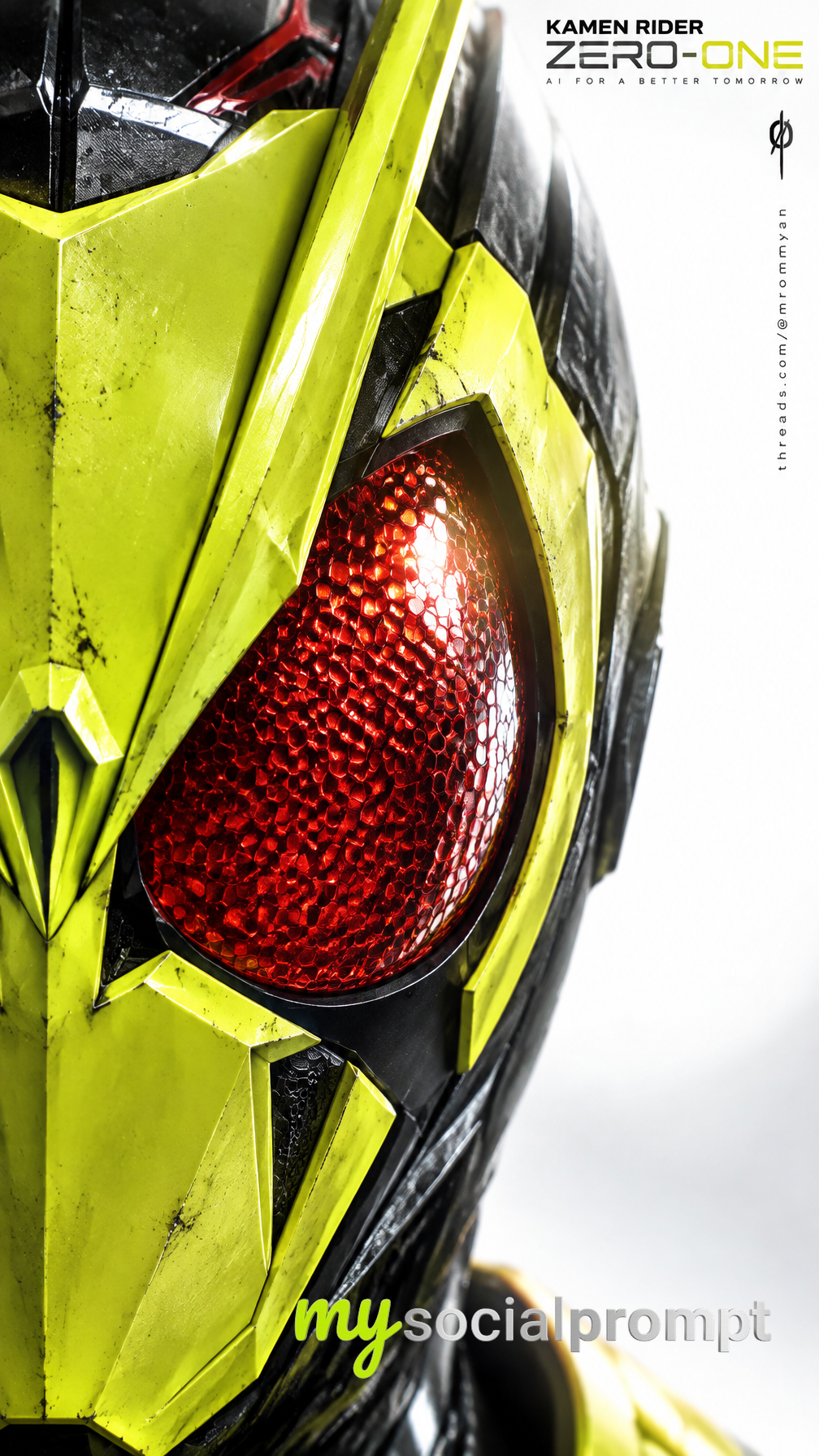 Hyper-Realistic Macro Portrait of Kamen Rider Zero-One Helmet in Cinematic Studio Lighting