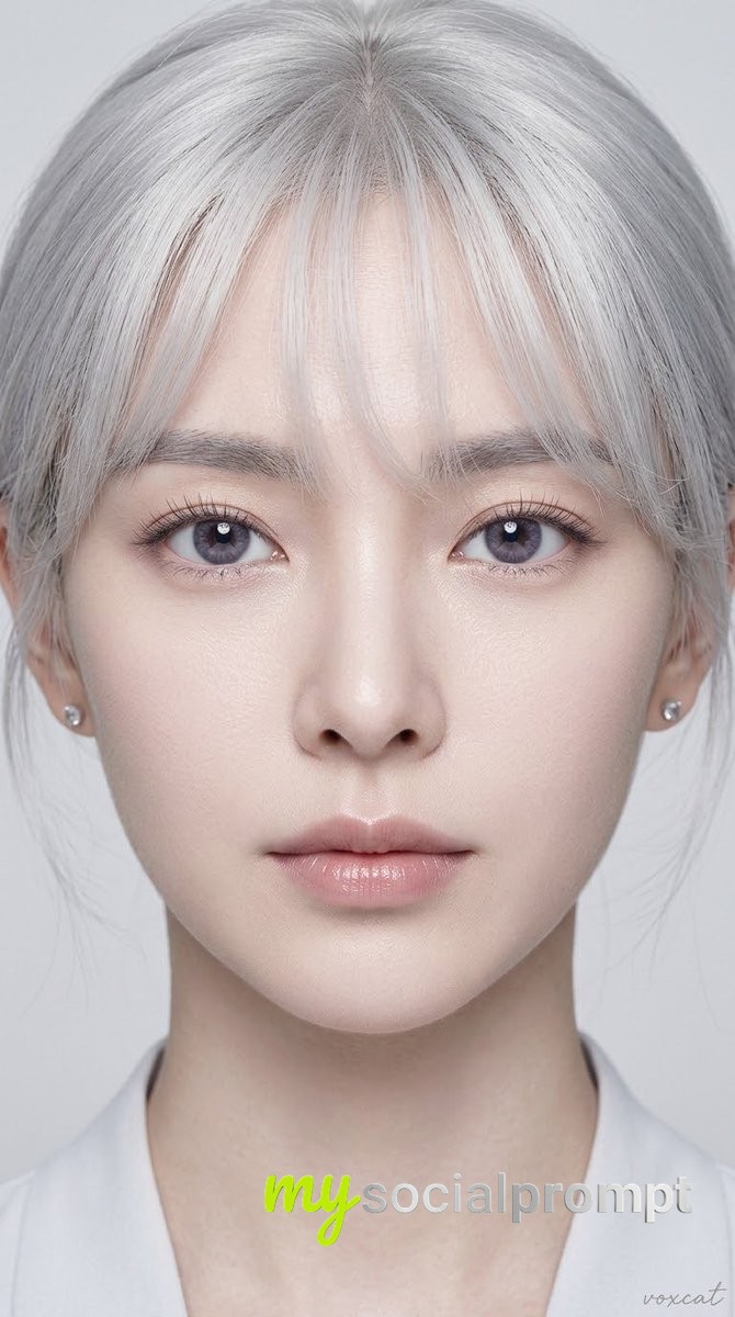 Hyper-Realistic Studio Portrait: Cool-Toned Beauty with Silver Hair and Violet Eyes