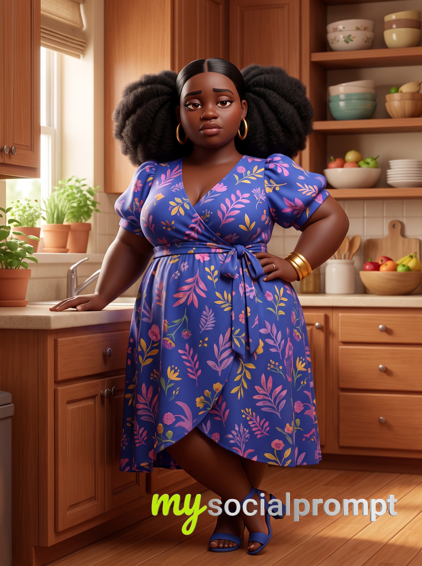 Premium Pixar-Style 3D Portrait of a Plus-Size Woman in a Botanical Wrap Dress