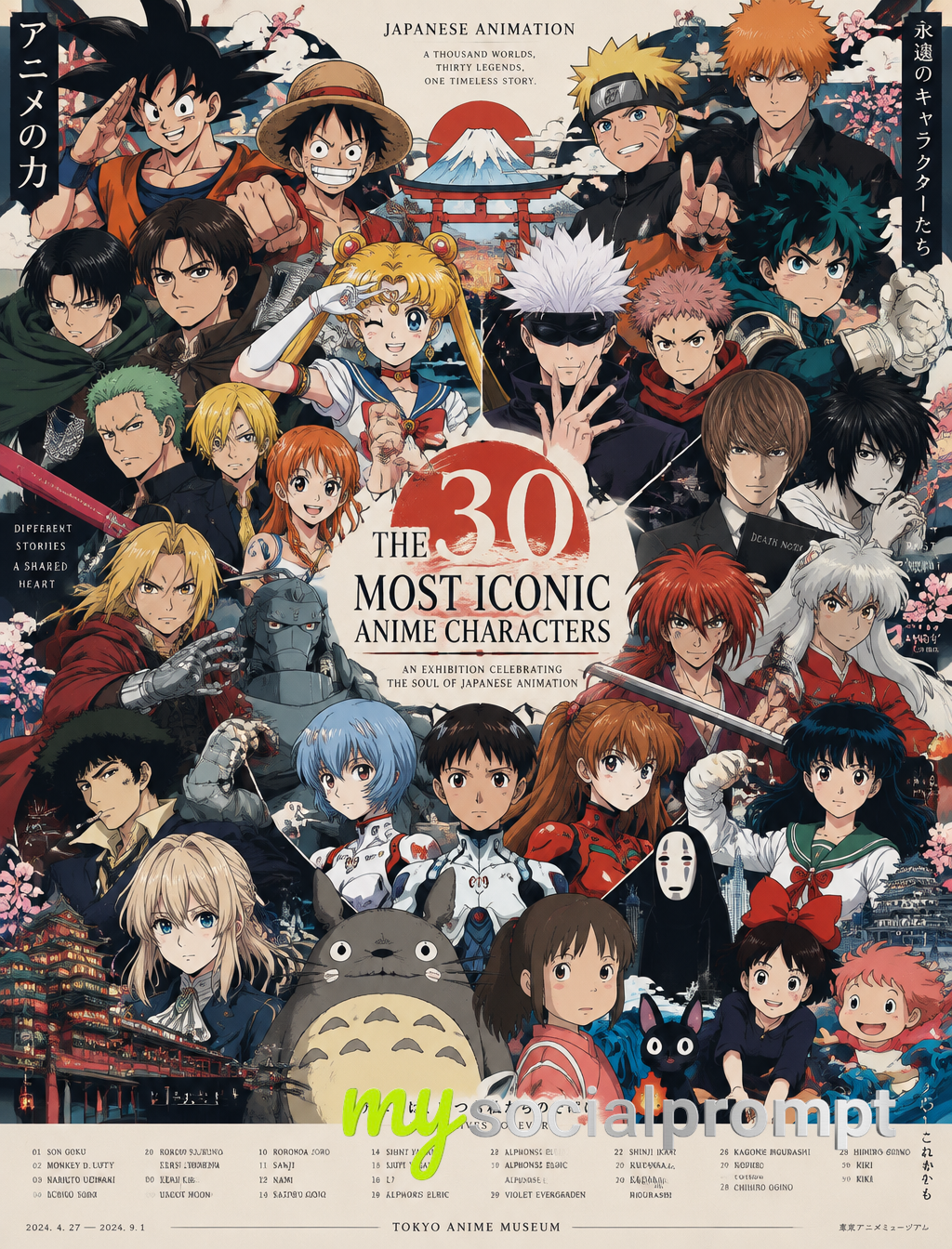 Maximalist Anime Character Poster: 30 Iconic Figures in Unified Flat Design