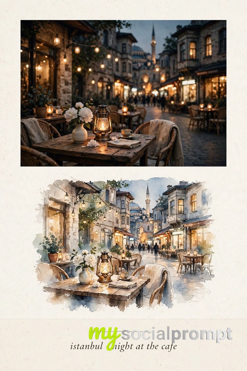 Cinematic Istanbul Café: Lantern Light on a Historic Night Street image 2