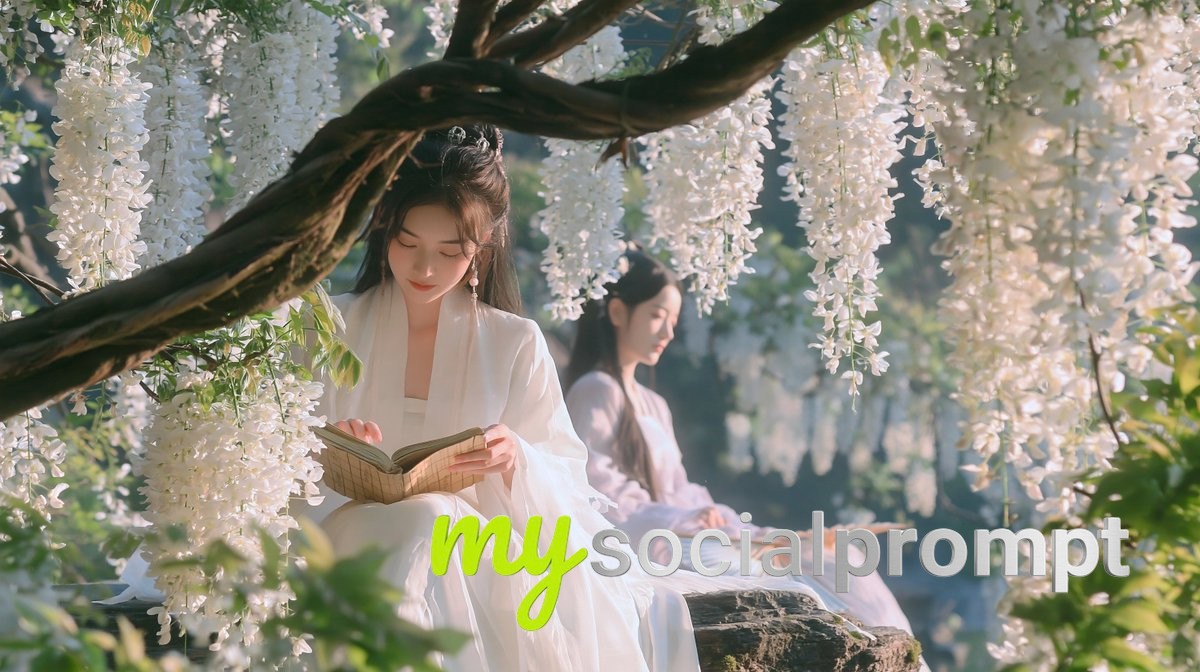 Serene Wisteria Valley: Cinematic Hanfu Readers Under Giant Floral Canopy