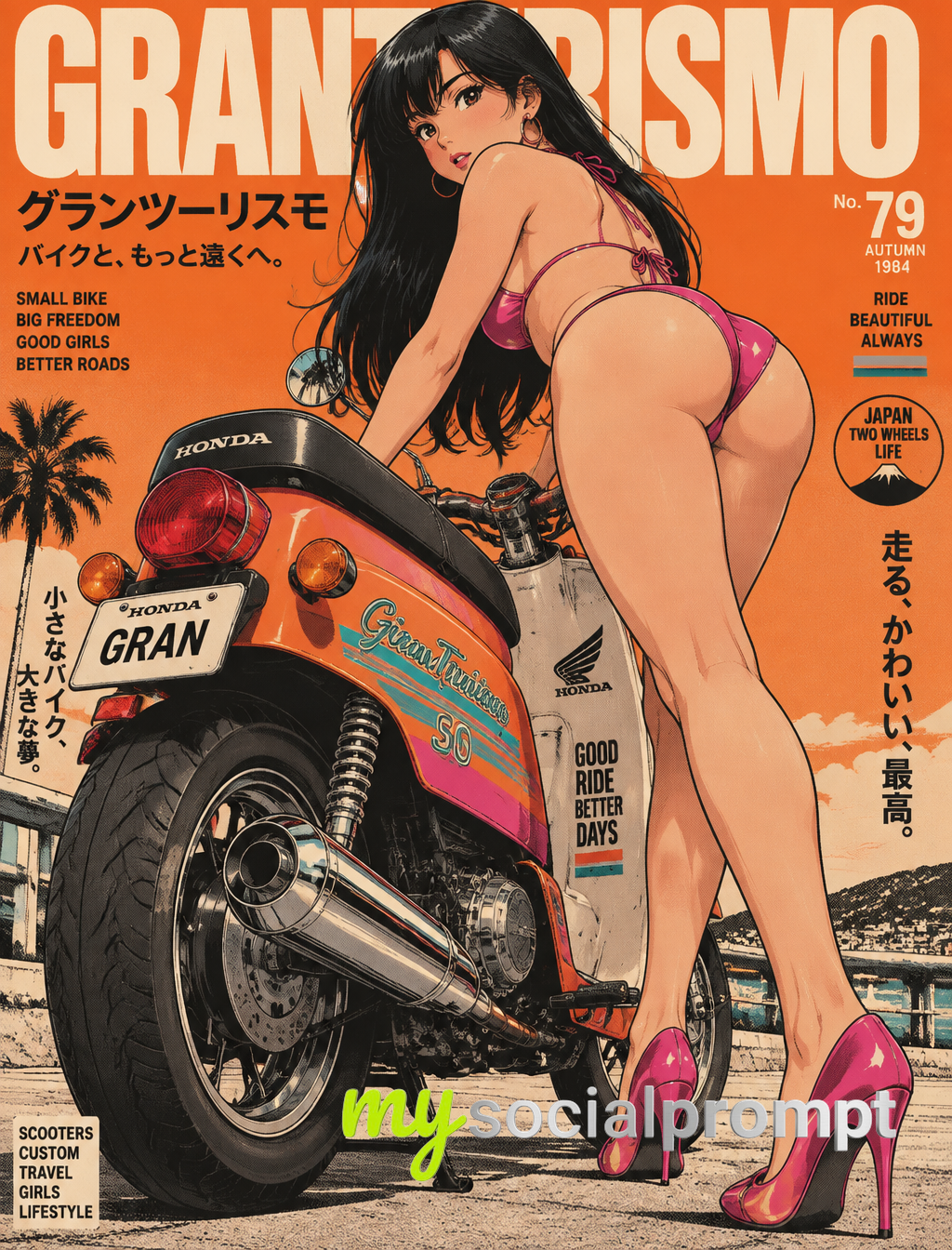 Retro Anime Pin-Up Poster: Orange Scooter & Screen-Print Aesthetics