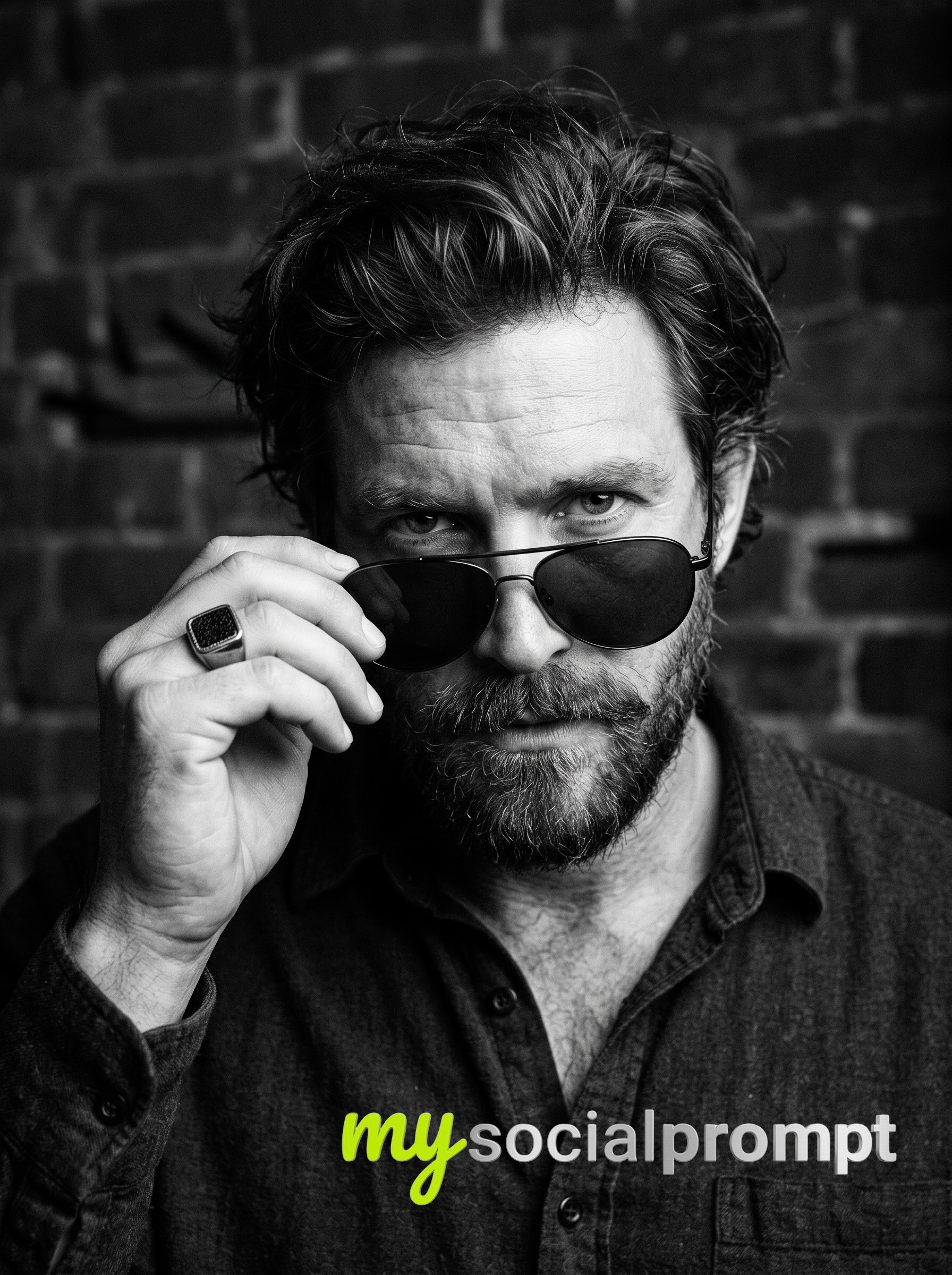 Cinematic Black and White Portrait: Aviator Sunglasses and Signet Ring