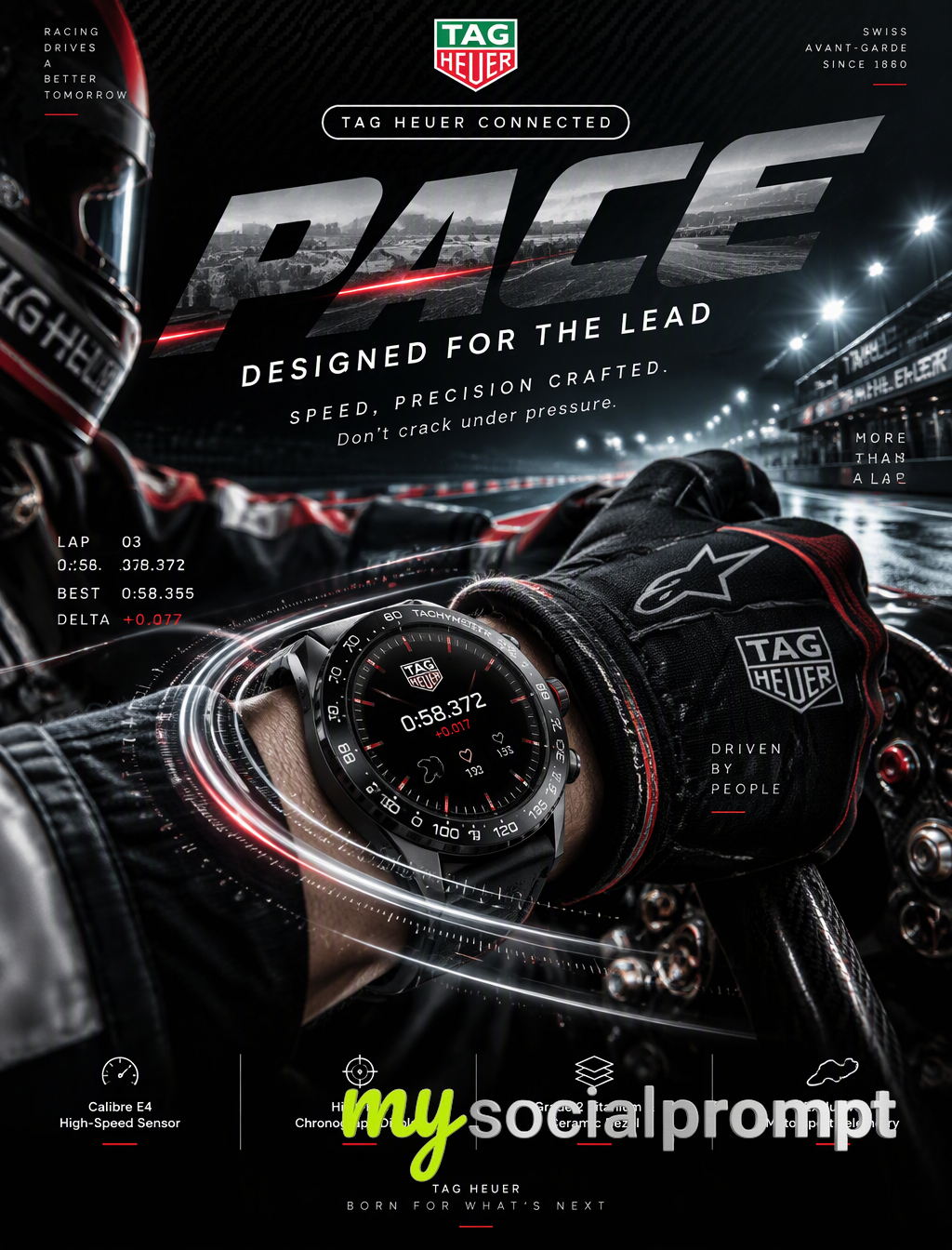 Avant-Garde Luxury Watch Photography: Racing Precision in Carbon Black with Dynamic Light Trails