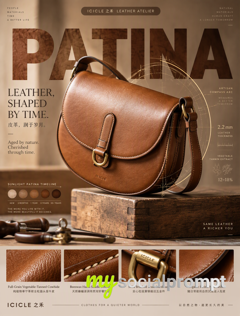 Hyper-Realistic Macro Photography of Vegetable-Tanned Leather Saddle Bag with Patina Timerings