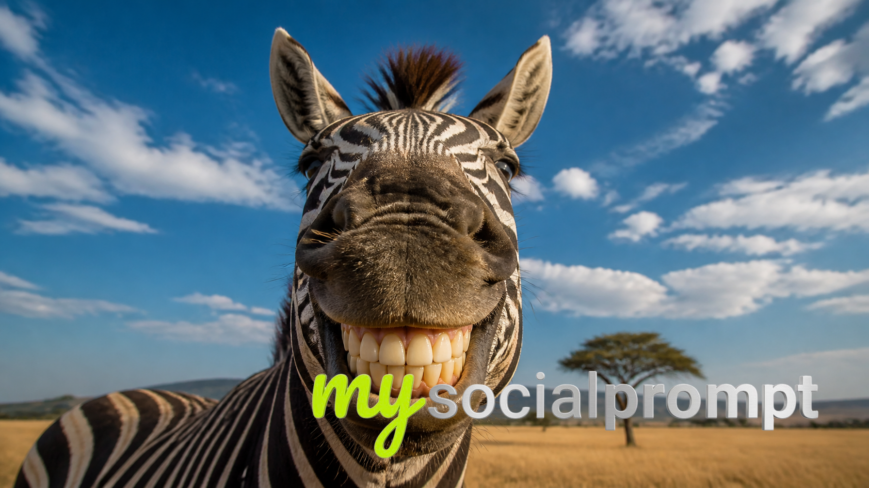 Surreal Zebra Portrait: Human Smile in Cinematic Savanna Hyper-realism AI image prompt