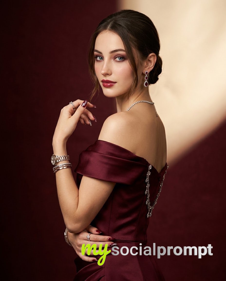 Cinematic Burgundy Evening Portrait: Luxury Fashion Photography AI image prompt