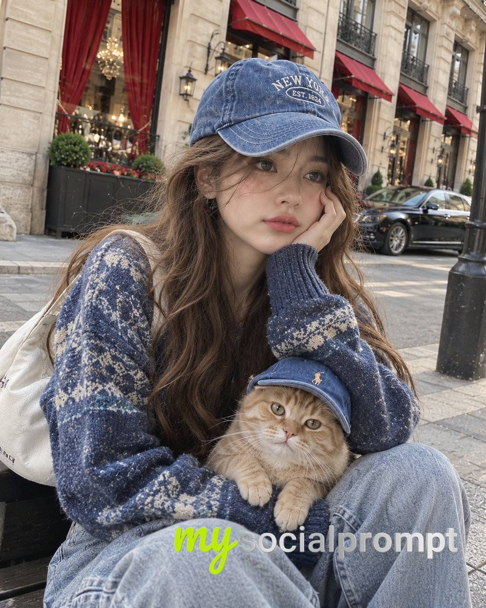 Candid Street Selfie Portrait: Woman and Matching Tabby Cat in Denim Caps