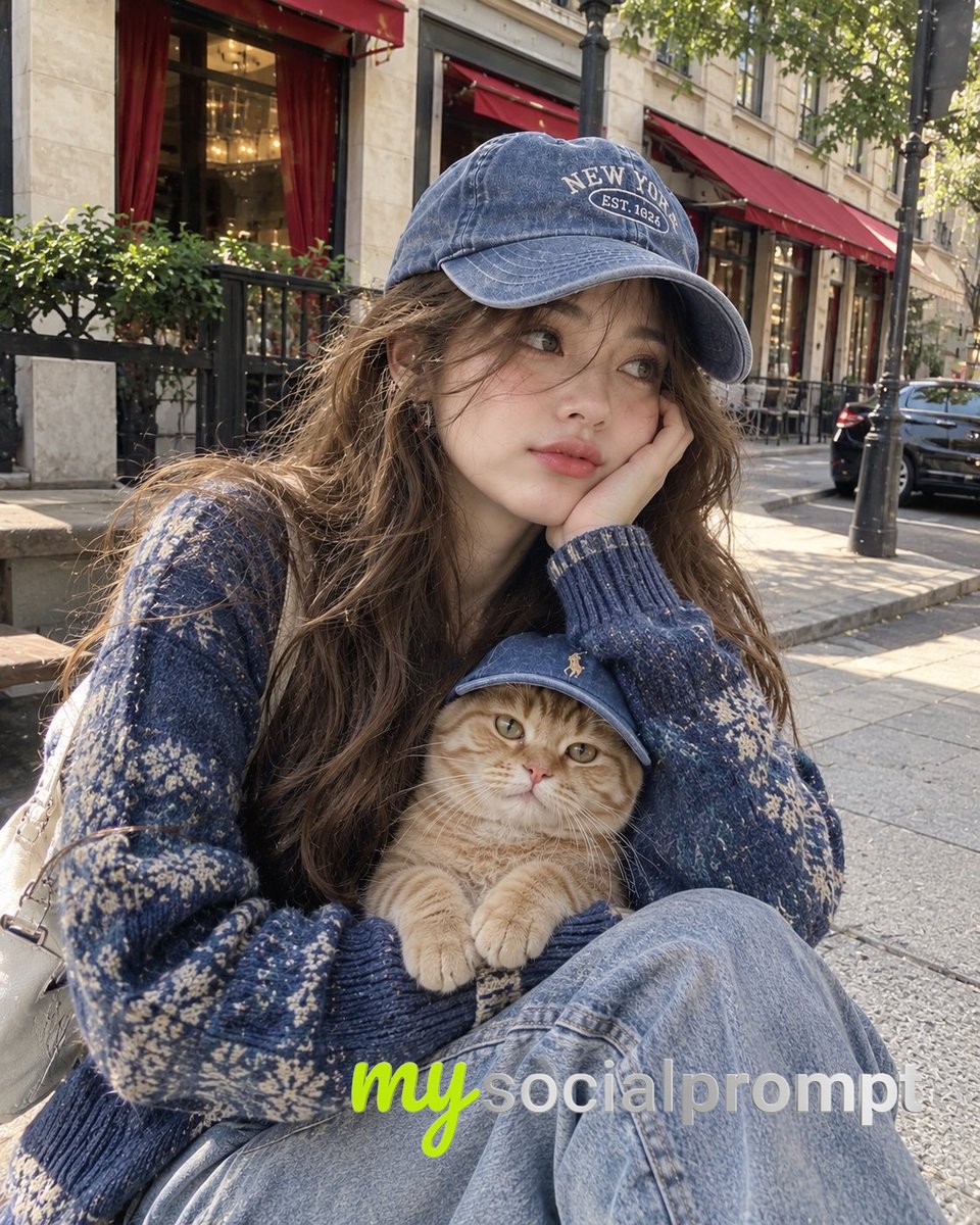 Candid Street Selfie Portrait: Woman and Matching Tabby Cat in Denim Caps image 2