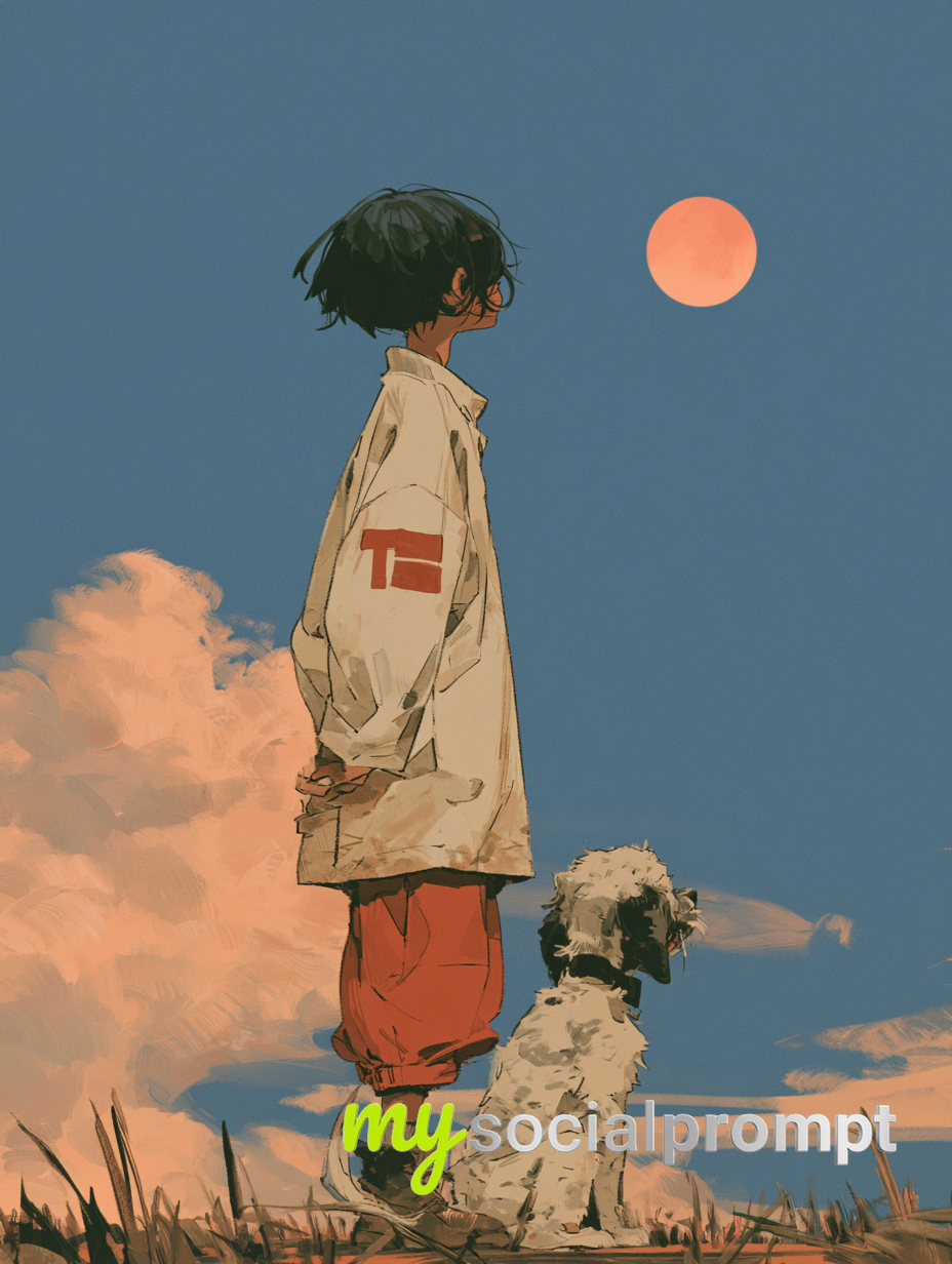 Cinematic Night Scene: Boy and Dog Beneath a Luminous Moon