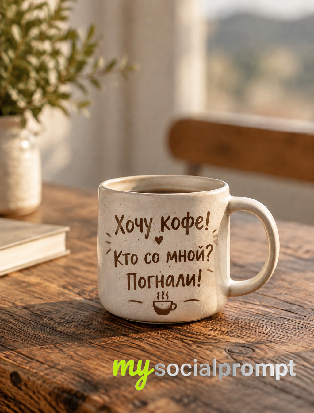 Cinematic Coffee Invitation: Text Overlay Composition With Warm Social Energy AI image prompt