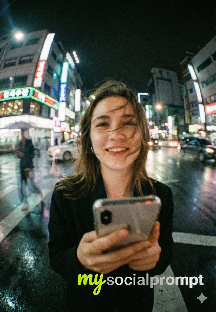 Cinematic Night Street Portrait with Neon Glow and Wide-Angle Realism AI image prompt