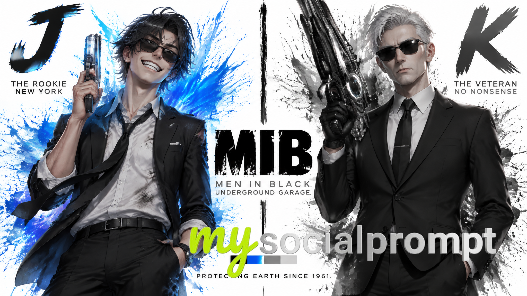 Cinematic VS Character Bible: J vs K in MIB Split-Screen Watercolor