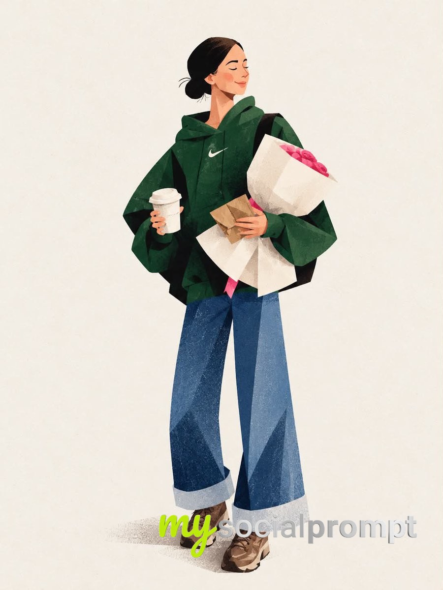 Geometric Fashion Illustration: Forest Green Hoodie & Pink Roses Editorial