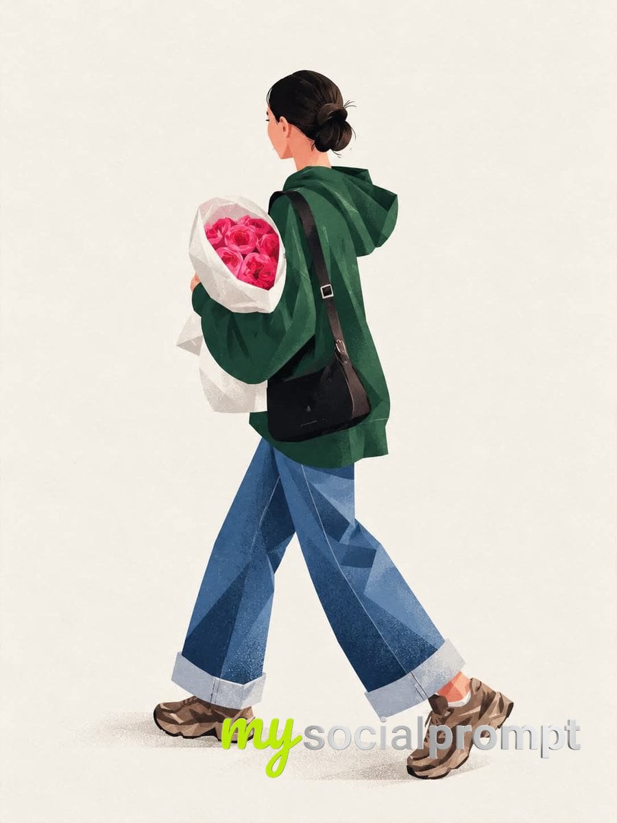 Geometric Fashion Illustration: Forest Green Hoodie & Pink Roses Editorial image 3