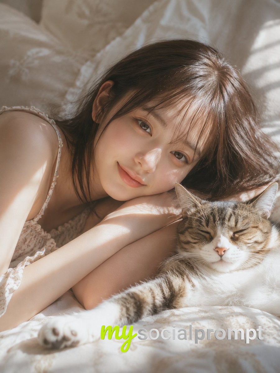 Intimate Morning Light: Woman and Cat in Soft Bed Photography AI image prompt