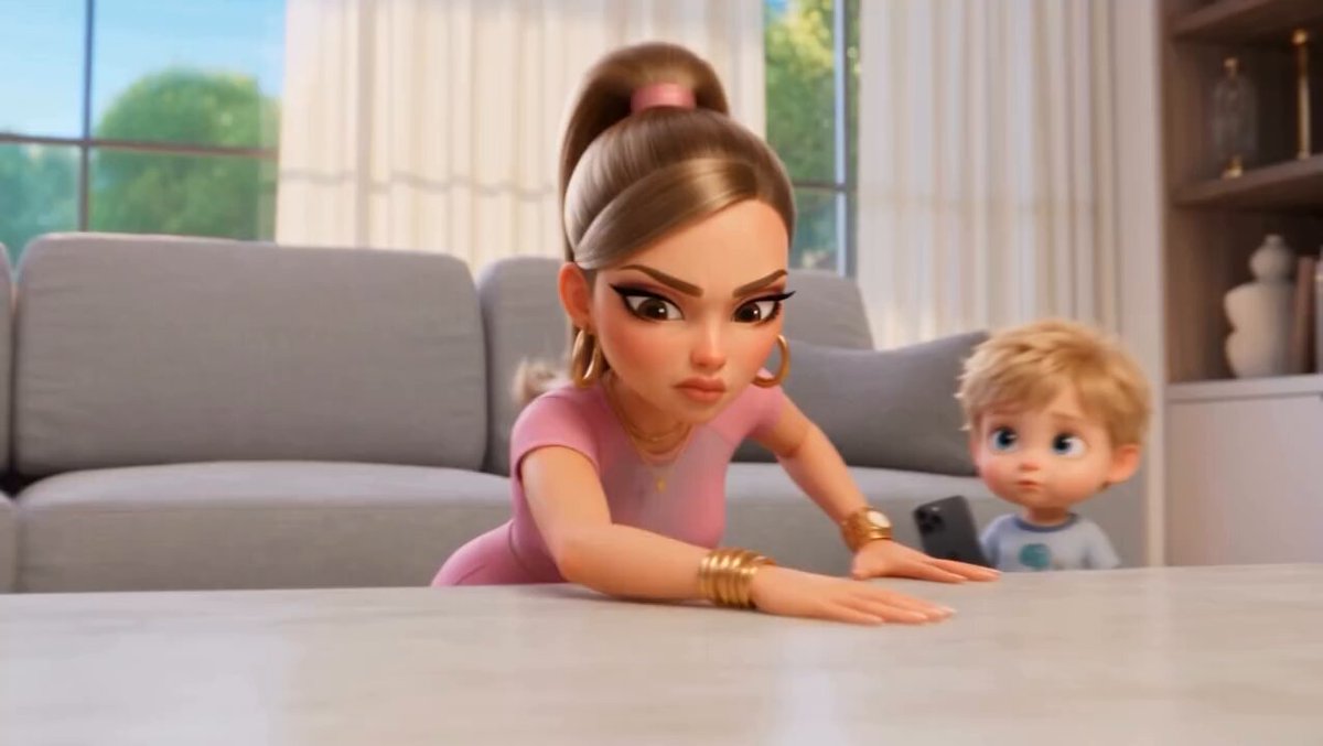 Cinematic 3D Animation: Stylish Woman and Toddler in Luxurious Living Room Comedy