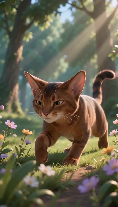 Hyper-Realistic Feline Pursuit in Sunlit Forest: A Cinematic 3D Animation