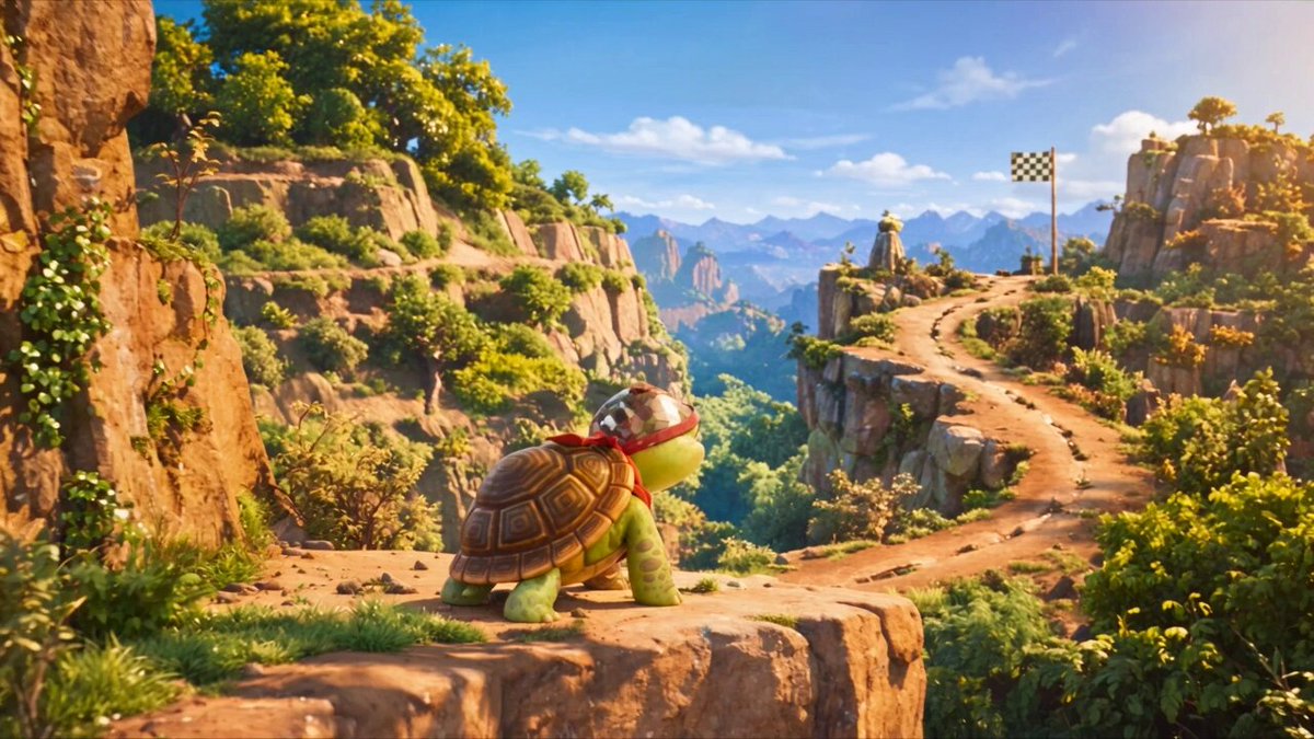 Cinematic 3D Turtle Adventure: Expressive Character in Vibrant Fantasy Valley