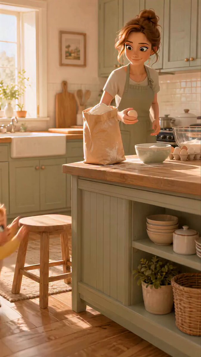 Sunlit Kitchen Chaos: A Pixar-Style Toddler Flour Spill Cinematic