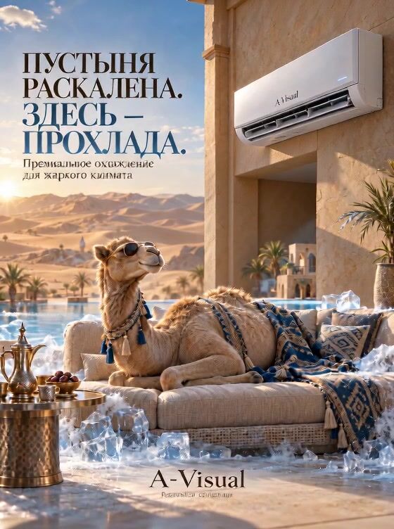 Гиперреалистичный рекламный ролик A-Visual: Верблюд в пустыне с Кондиционером