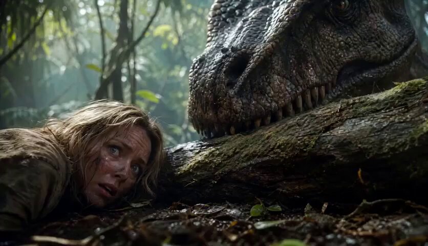 Cinematic VFX Still: Terrified Woman and T-Rex in Misty Jungle