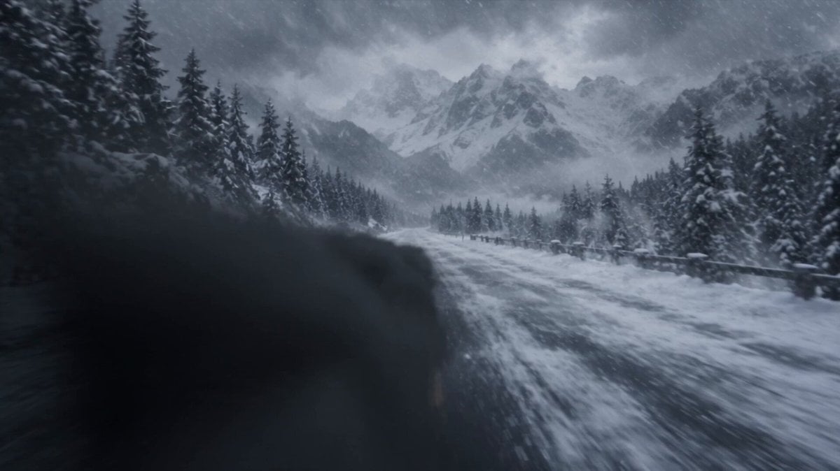 Hyper-realistic Cinematic FPV: Black AMG GT Emerges from Smoke on Snowy Alpine Road