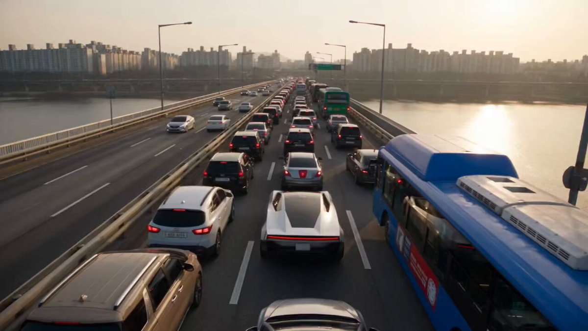 Futuristic White Supercar Airborne Above Seoul: A Cinematic Golden Hour Chase