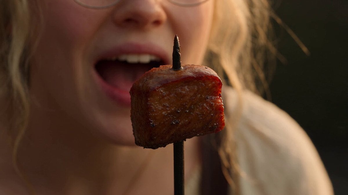 Hyperrealistic Fantasy Film Still: Golden-Hour Comedy with Dragon and Baker