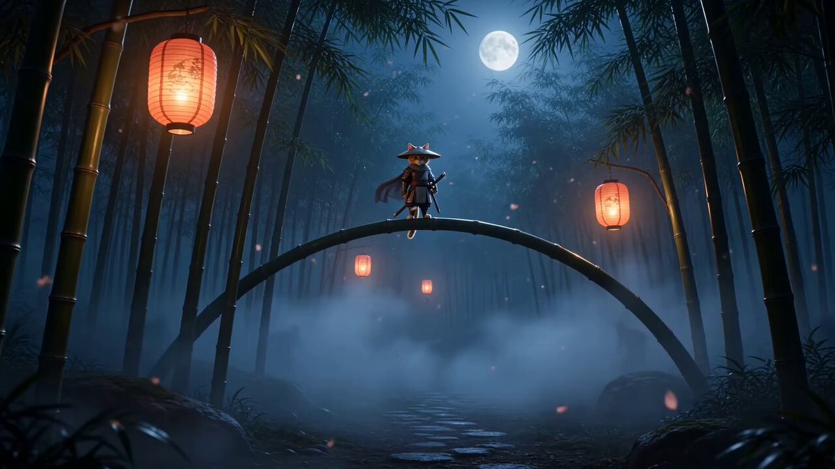 Cinematic Fantasy: Anthropomorphic Samurai Cat vs. Ninjas in Moonlit Bamboo Forest