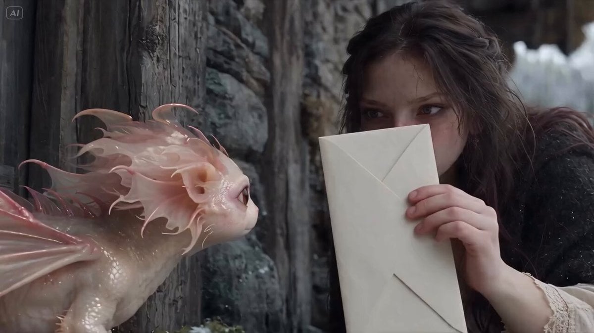 Cinematic Fantasy Story: A Young Woman and Her Pink Dragon in a Snowy Forest