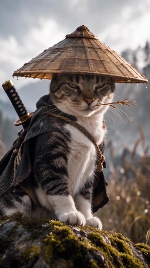 Cinematic Samurai Cat: Photorealistic Feline Warrior in Misty Wetland