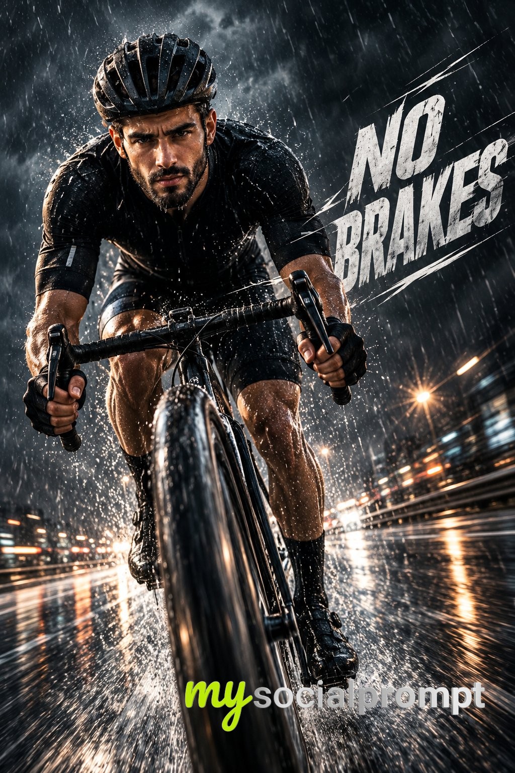 Rain-Soaked Cyclist Sprint in Cinematic Rain