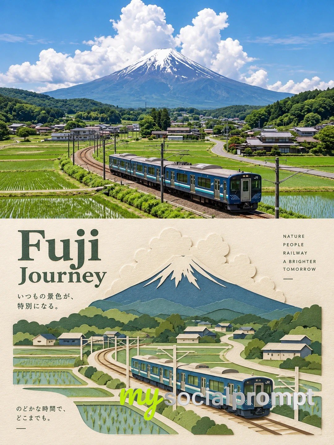 Split-Panel Travel Poster With Paper-Craft Art