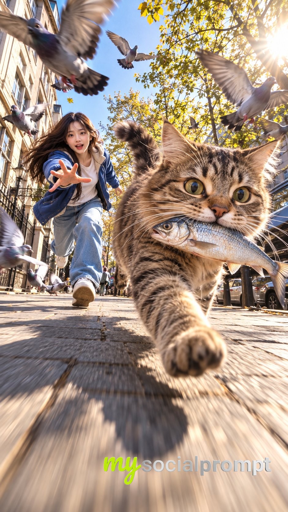 Fisheye Cat Chase on a Sunny Street image 1