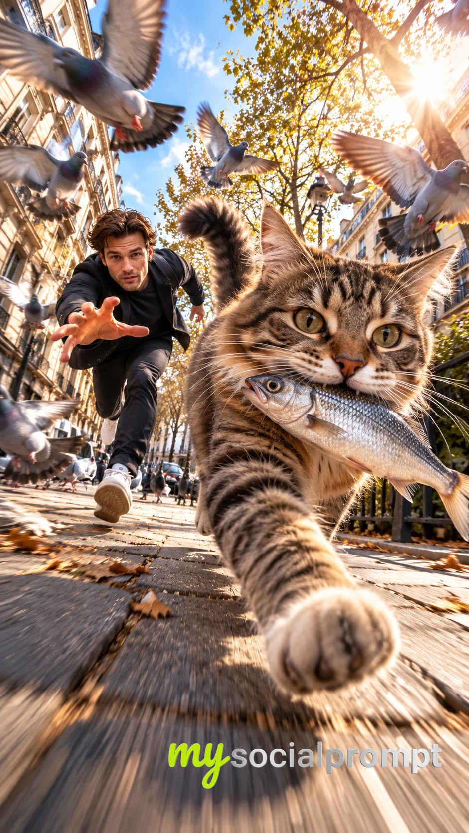 Fisheye Cat Chase on a Sunny Street image 2